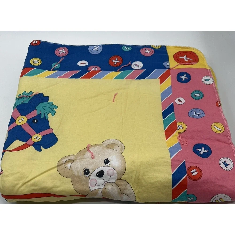 Vintage Baby Blanket Quilt Rocking Horse Teddy Bear Button Yellow Blue